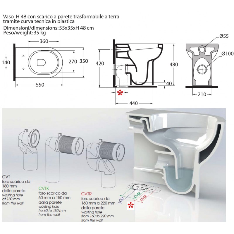 Azzurra - Vaso e Bidet Nuvola Altezza 48 cm con Scarico Traslato