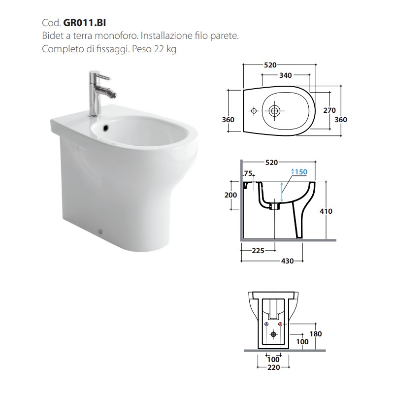 Water Kiamami Valentina A Terra Con Installazione A Filo Parete - Senza Brida (Rimless), Scarico Regolabile, Sedile Soft Close