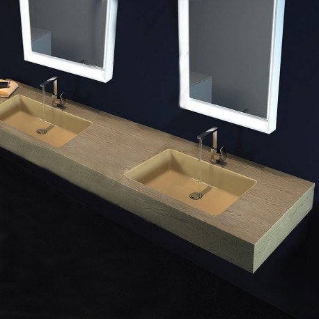 Top Monolitico con Doppio Lavabo Squadrato Integrato in Mineral Marmo Effetto Legno