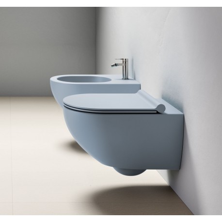 Vaso Sospeso Senza Brida art. 1VSF54RAS + Bidet art. 1BSF54AS Sfera NewFlush 54x35 Catalano Azzurro Satinato