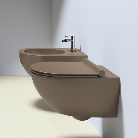 Vaso Sospeso Senza Brida art. 1VSF54RMS + Bidet art. 1BSF54MS Sfera NewFlush 54x35 Catalano Marrone Satinato