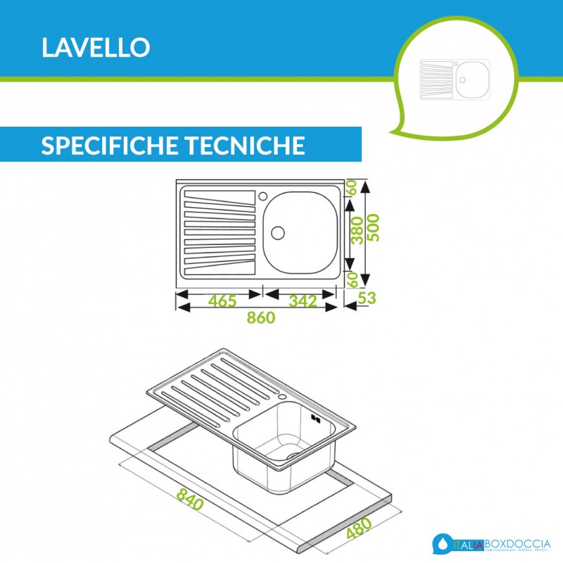 Lavello in inox con 1 vasca sxsc. 86x50 inc.