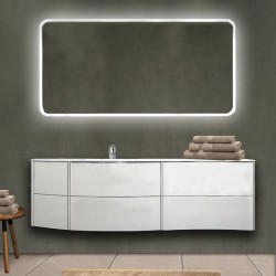 Mobile da bagno Dion sospeso 150 cm bianco opaco con lavabo (SX) + specchio lampada retroilluminato led e altoparlante bluetooth