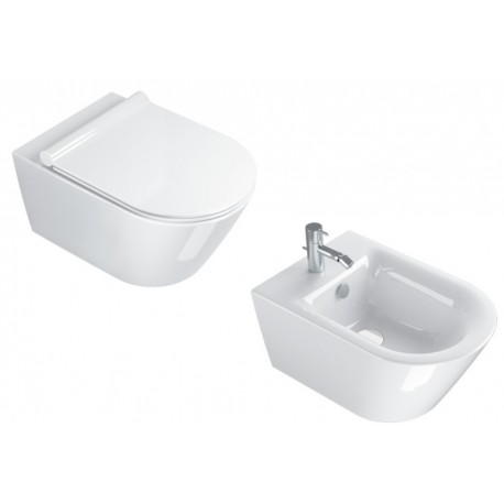 Vaso Sospeso Zero NF 55 NewFlush 1VS55NR00 + Bidet Soft 55 1BS55NR00 Catalano Bianco Lucido