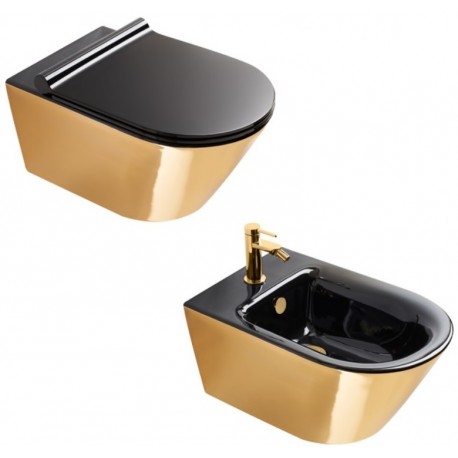 Vaso Sospeso Zero NF 55 NewFlush 1VS55NRNO + Bidet Soft 55 1BS55NRNO Catalano Gold Black