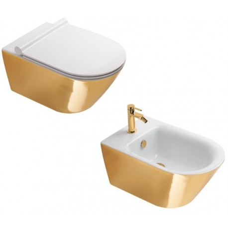 Vaso Sospeso Zero NF 55 NewFlush 1VS55NRBO + Bidet Soft 55 1BS55NRBO Catalano Gold White