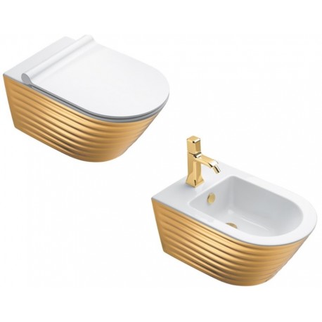 Vaso Sospeso Classy NF 55 NewFlush 1VS55RZEBO + Bidet Classy 55 1BS55ZEBO Catalano Gold White