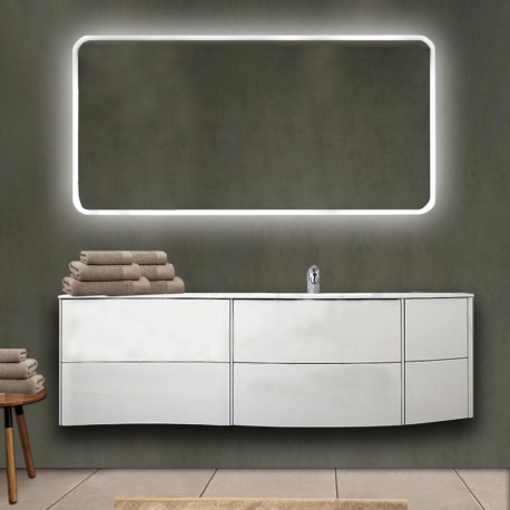 Mobile da bagno Dion sospeso 150 cm bianco opaco con lavabo (DX) + specchio lampada retroilluminato led e altoparlante bluetooth