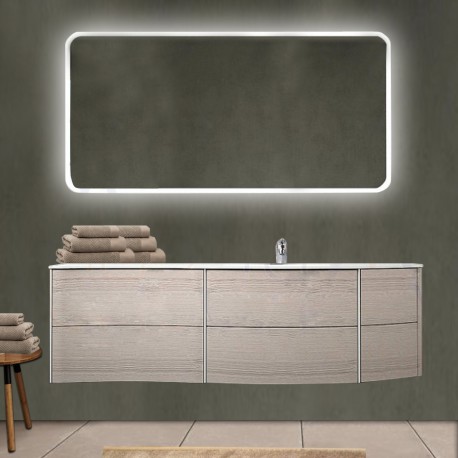 Mobile da bagno Dion 150 cm rovere sbiancato con lavabo (DX) + specchio lampada retroilluminato led e altoparlante bluetooth