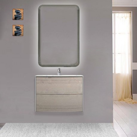 Mobile da bagno Dion sospeso 60 cm rovere sbiancato con specchio retroilluminato led ad accensione touch