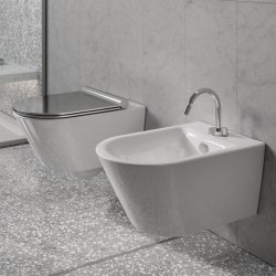 Vaso Sospeso Zero NF 55 NewFlush 1VS55NR00 + Bidet Soft 55 1BS55NR00 Catalano Bianco Lucido + Sedile Laccato Cromo