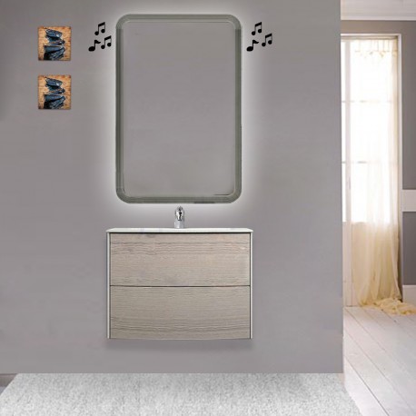 Mobile da bagno Dion sospeso 60 cm Rovere Sbiancato con specchio lampada retroilluminato led e altoparlante bluetooth