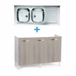 Mobile sotto lavello olmo 120x50 + lavello inox 2 vasche con gocciolatoio a destra