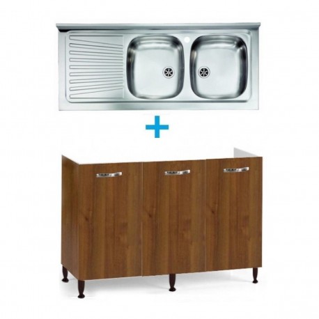 Mobile sottolavello noce antico 120x50 + lavello inox 2 vasche con gocciolatoio a sinistra