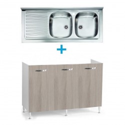 Mobile sottolavello olmo 120x50 + lavello inox 2 vasche con gocciolatoio a sinistra