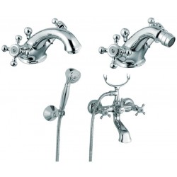 Eurorama Serie Anais Miscelatori Lavabo e Bidet con Piletta Salterello + Vasca con Set Doccia in Ottone Cromo Lucido