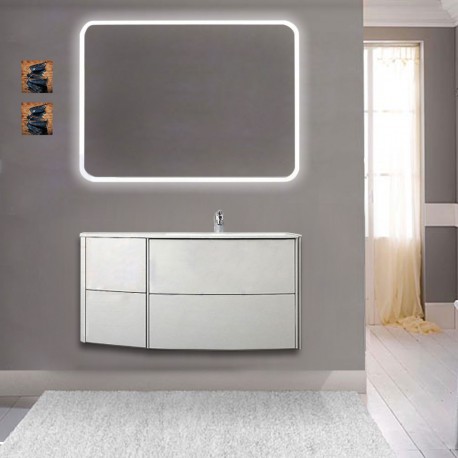 Mobile da bagno Dion 90 cm rovere sbiancato con lavabo (DX) + specchio lampada retroilluminato led e altoparlante bluetooth