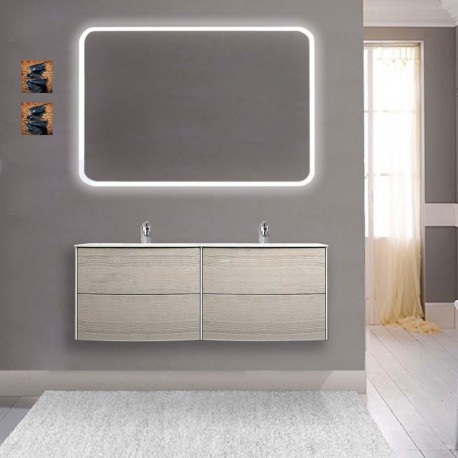 Mobile da bagno sospeso Dion doppio lavabo da 120 cm rovere sbiancato con specchio retroilluminato led e altoparlante bluetooth