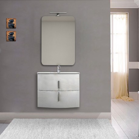 Mobile da bagno Sting 70 cm bianco lucido curvo sospeso + specchio con lampada e retroilluminazione led + altoparlante bluetooth