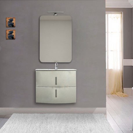 Mobile da bagno Sting 70 cm grigio natura curvo sospeso + specchio con lampada e retroilluminazione led + altoparlante bluetooth