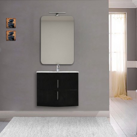Mobile da bagno Sting 70 cm nero lucido curvo sospeso + specchio con lampada e retroilluminazione led + altoparlante bluetooth