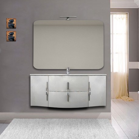 Mobile bagno Sting bianco lucido sospeso 140 cm con specchio lampada retroilluminato led e altoparlante bluetooth