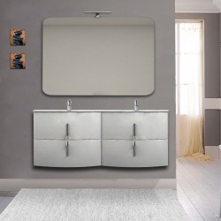 Mobile bagno doppio lavabo Sting Bianco lucido sospeso 140 cm con specchio lampada retroilluminato led e altoparlante bluetooth