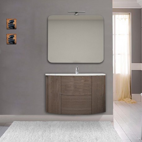 Mobile da bagno Eden 90 cm rovere scuro curvo sospeso + specchio con lampada led + altoparlante bluetooth