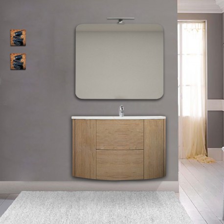 Mobile da bagno Eden 90 cm rovere tabacco curvo sospeso + specchio con lampada led + altoparlante bluetooth