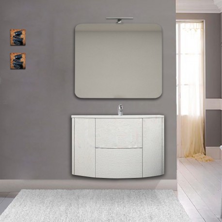 Mobile da bagno Eden 90 cm bianco frassino curvo sospeso + specchio con lampada led + altoparlante bluetooth