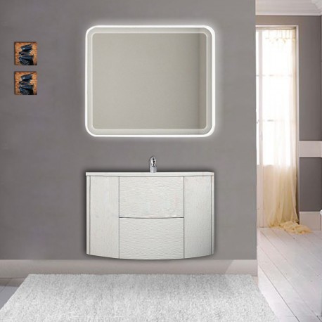 Mobile da bagno Eden 90 cm bianco frassino curvo sospeso + specchio retroilluminato led + altoparlante bluetooth