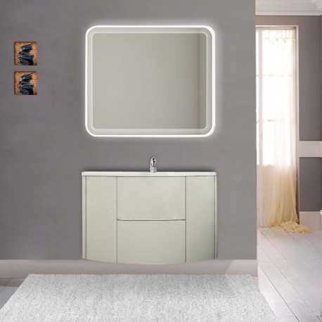 Mobile da bagno Eden 90 cm grigio natura curvo sospeso + specchio retroilluminato led + altoparlante bluetooth