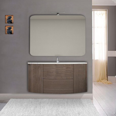 Mobile da bagno Eden 120 cm rovere scuro curvo sospeso + specchio con lampada led + altoparlante bluetooth