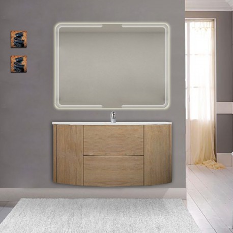 Mobile da bagno Eden 120 cm rovere tabacco curvo sospeso + specchio retroilluminato led + altoparlante bluetooth