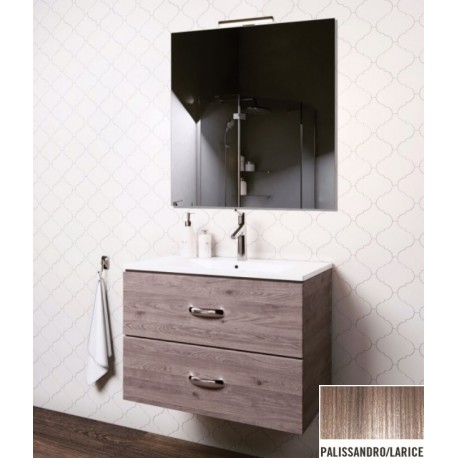 Mobile bagno sospeso Iride da 90 cm con lavabo, specchio e applique integrata in finitura Palissandro/Larice