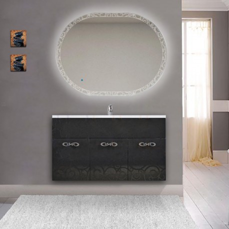 Mobile bagno Colorado da 100 cm sospeso nero lucido lavorazione a rilievo con specchio LED retroilluminato intarsiato ovale