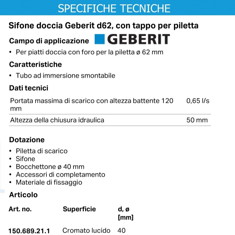 Geberit 150.689.21.1 - Sifone Per Piatto Doccia Con Piletta 60 Mm