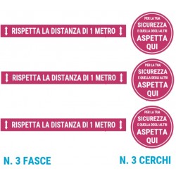 3 fasce + 3 cerchi calpestabili antiscivolo adesivi indicati per mantenere la distanza di sicurezza