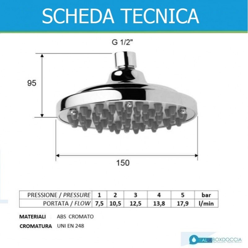 REMER SOFFIONE DOCCIA TONDO IN ABS CROMATO DIAMETRO 15 cm ANTICALCARE 