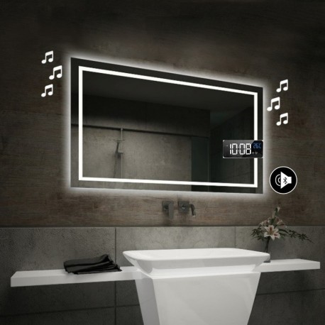 Specchio da Bagno con Angoli Squadrati Altoparlante Bluetooth + Orologio e Cornice Sabbiata Retroilluminata led 20W art. spe87