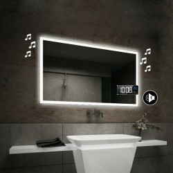 Specchio da Bagno con Angoli Squadrati Altoparlante Bluetooth + Orologio e Cornice Sabbiata Retroilluminata led 20W art. spe85