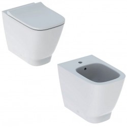 Sanitari Smyle Square Geberit Vaso senza brida rimfree con coprivaso ammortizzato + Bidet in ceramica bianco lucido