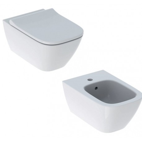 Sanitari Sospesi Vaso senza brida Rimfree e Bidet Smyle Square Geberit con Sedile