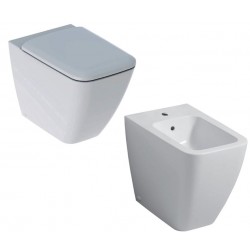 Sanitari Icon Square Geberit Vaso senza brida rimfree con coprivaso + Bidet in ceramica bianco lucido