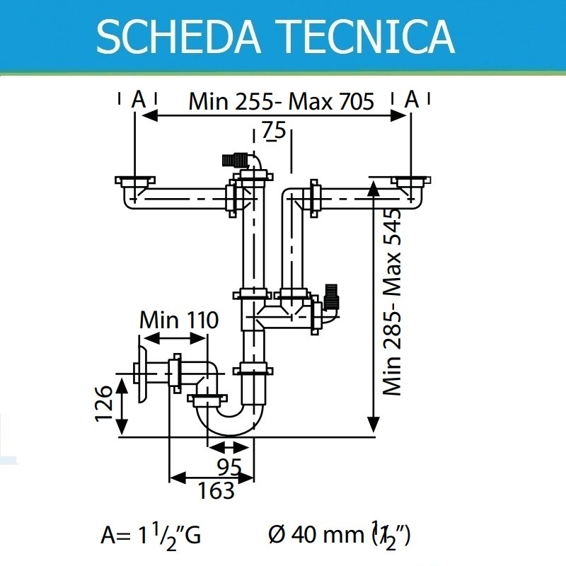 Sifone pvc salvaspazio 2 vie 11/2 ispezionabile per lavello cucina con  doppio attacco lavatrice/lavastoviglie 