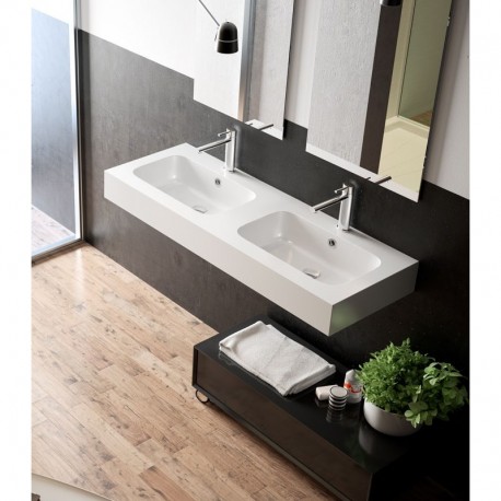 Top Monolitico da 140,5 cm con Doppio Lavabo Integrato da 58x30 cm in Pietra Sintetica Finitura liscia