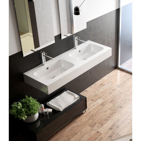 Top Monolitico da 160,5 cm con Doppio Lavabo Integrato da 58x30 cm in Pietra Sintetica Finitura liscia