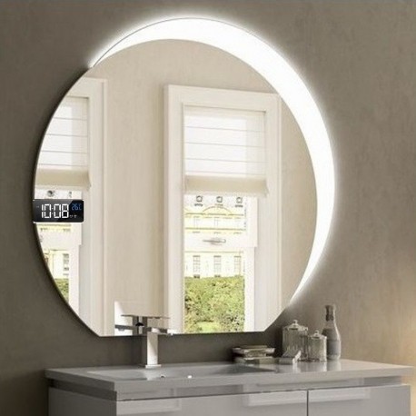 Specchio da Bagno Tondo con Altoparlante Bluetooth + Orologio e Cornice Sabbiata Retroilluminata led 20W art. spe08