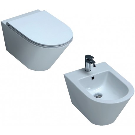 Sanitari Sospesi Vaso senza brida + Bidet Forma di Azzurra ceramica bianco lucido