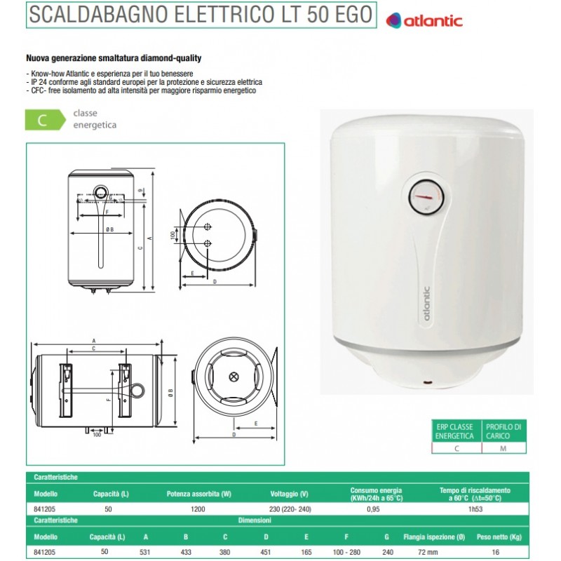 Scaldabagno elettrico Atlantic Ego 50 Litri Verticale art.841205 - Vendita  Online ItaliaBoxDoccia